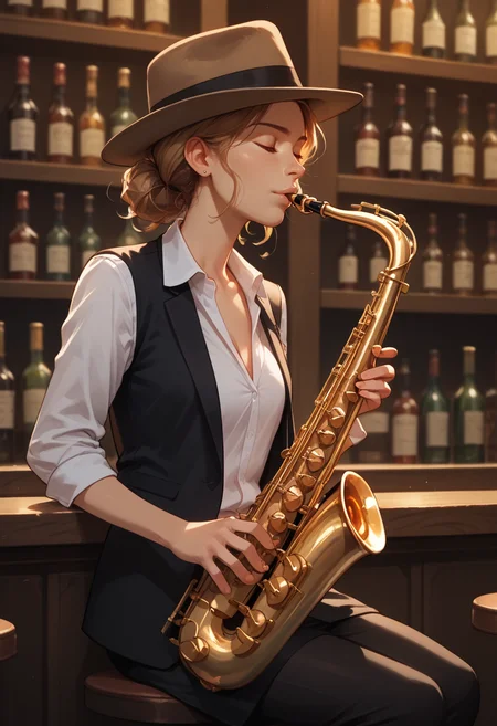 score_9, score_8_up, score_7_up, score_6_up, score_9, score_8_up, score_8, 1woman, SH_S4X, bar, instrument, solo, solo focused, fedora, eyes closed, playing instrument, <lora:Sheeps_Saxophone:0.8>