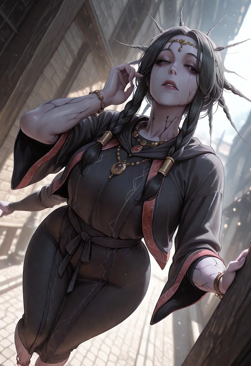 masterpiece, best quality, good quality, newest, highres, absurdres, Good quality, very aesthetic, absurdres, newest,1girl, light rays, looking at viewer, solo,Cinematic lighting,  BREAK masterpiece, amazing quality, best quality, ultra-detailed, 8K, illustration, CG, ultra-detailed-eyes, detailed background, eyelashes, erotic, looking seductive,  dynamic action image, detailed face, detailed eyes, seductive, mature female,, looking at viewer,
 BREAK (sexy, slutty, hot, aroused)  BREAK , outdoors, afternoon, 1girl, solo, bokeh,  fi0d1
long hair, black hair, twin braids, spiked hair, hair tubes, black eyes, tattoo, facial tattoo, colored skin, grey skin, extra arms
circlet, necklace, black robe, wide sleeves, long sleeves, black cloak, red trim, bracelet, anklet,
BREAK,  (dramatic angle, dynamic angle:2),, artist:moriimee, fellatrix style , baddie, nakamura-regura, acsgf
,aoj_sr,manhwa,