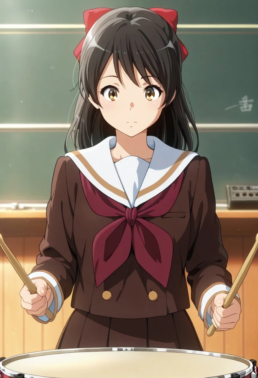 masterpiece,best quality,amazing quality,  sakai masako, black hair, brown eyes, 1girl, kitauji high school uniform, school uniform, solo, instrument, serafuku, skirt, bow, hair bow, neckerchief, long hair, drumsticks, red neckerchief