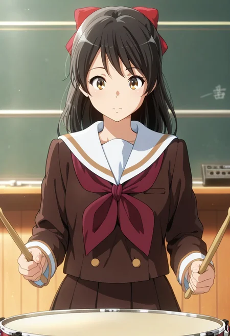 masterpiece,best quality,amazing quality, sakai masako, black hair, brown eyes, 1girl, kitauji high school uniform, school uniform, solo, instrument, serafuku, skirt, bow, hair bow, neckerchief, long hair, drumsticks, red neckerchief