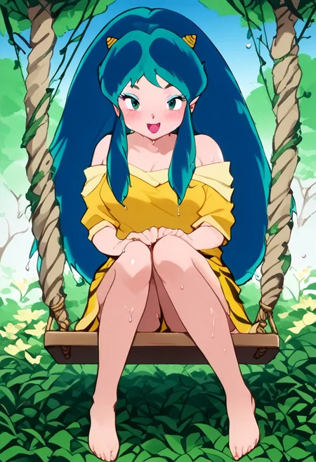 score_9, score_8_up, score_7_up, 1980's style, lum, solo, long hair, bangs, blue hair, blue eyes, horns, pointy ears, aqua hair, oni horns, eyeshadow, source_anime, yellow tiger-stripped summer dress, off shoulder, medium breasts, outdoors, vines, flowers, garden, swing, sitting on swing, tree, hanging legs, blush, knees together, long hair, open mouth, smiling, fang, drunk, shiny skin, barefoot, wet skin, wet hair, full body, detailed eyes, green eyes, detailed face, Expressiveh, retro artstyle