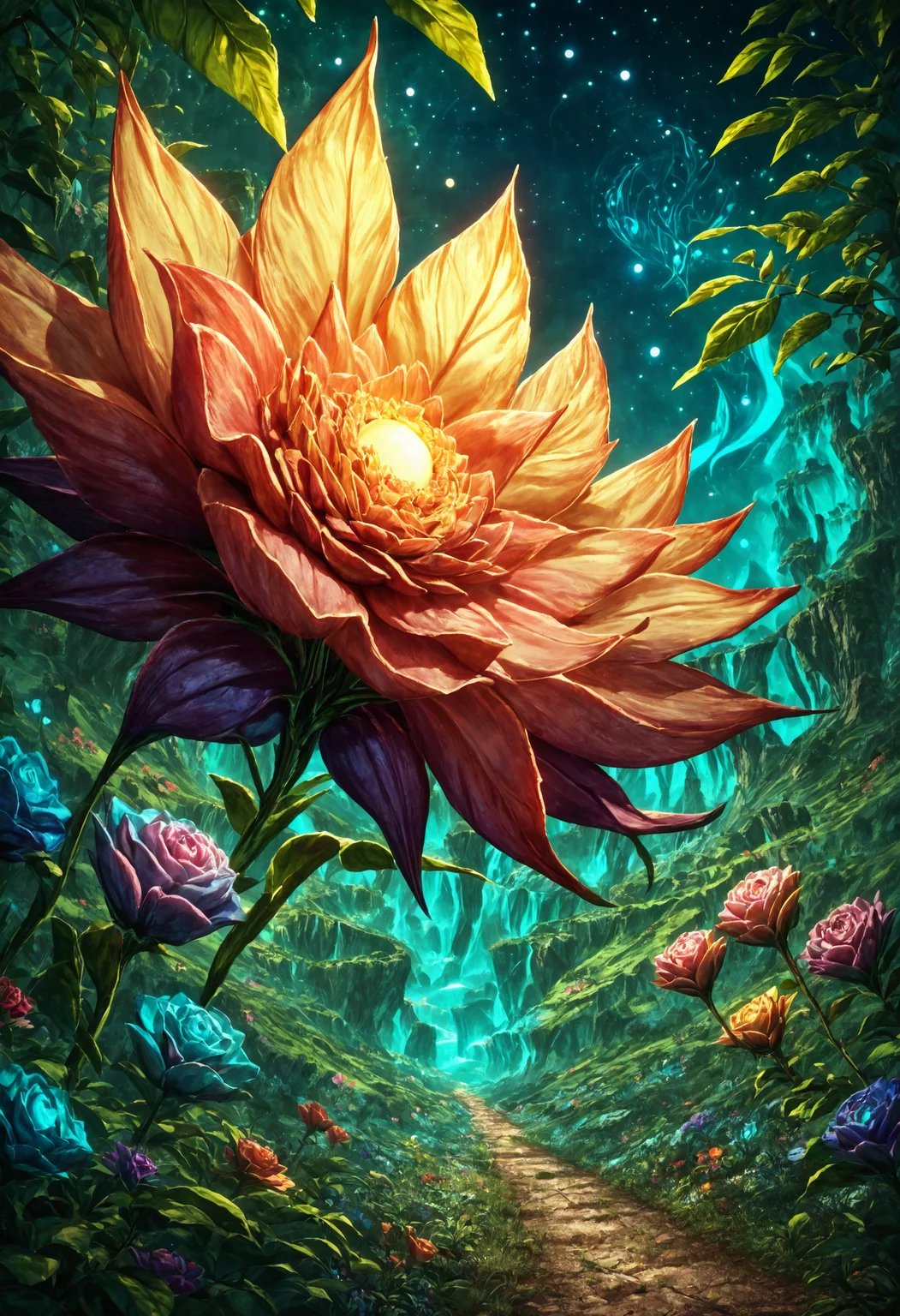 score_9, score_8_up, score_7_up, detailed, detailed background,mesmerise celestial moonlight,floral atmosphere,vibrant light-trail effect on a realistic,hyperdetailed glowing floral,luminous foliage,dreamlike oasis-garden, landscape, wide shot,