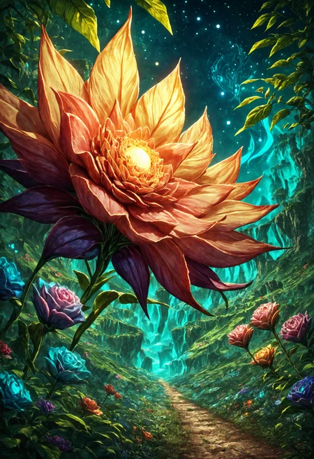 score_9, score_8_up, score_7_up, detailed, detailed background,mesmerise celestial moonlight,floral atmosphere,vibrant light-trail effect on a realistic,hyperdetailed glowing floral,luminous foliage,dreamlike oasis-garden, landscape, wide shot,