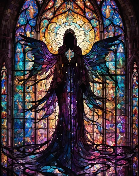 <lora:Shadow_Style_XL:1> shadow silhouette,  8K, HD, gloomy colors, dark aura, horror, cartoon style, flat, normal angel, <lora:Saint XL:0.75> saint, wearing cleric robes and stockings, inside a church with colored stained glass, celestial dreamscape where a goddess-like figure is surrounded by swirling galaxies and constellations, her presence illuminating the cosmic expanse with radiant elegance
