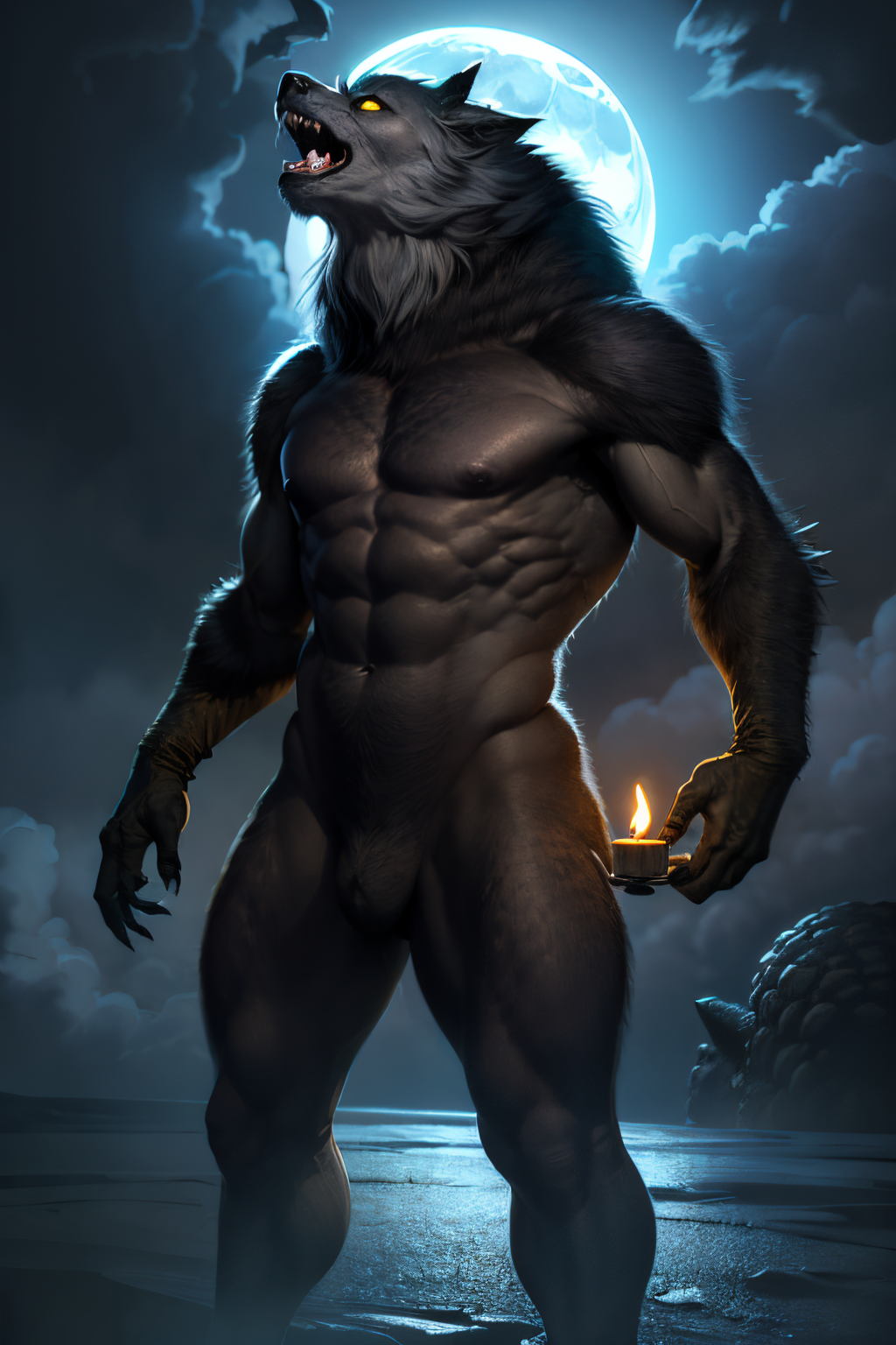 EdobWerewolf  (Realistic:1.5) fur, furry male, fire, alien, godzilla, building, armor, cloudy sky, moonlight, artist name, white eyes, candle, holding, space, pokemon (creature), standing, moon, outdoors, yellow eyes, blue eyes, no humans, holding, <lora:EdobWerewolf_v1.0:0.8>