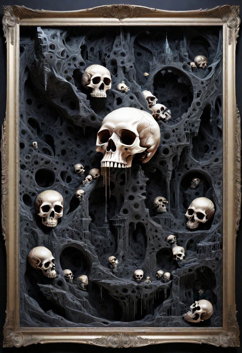 skulls, in the outta realms of your mind, abstract details, distinctive visuals, Intricate, (3D Framed, Skull)