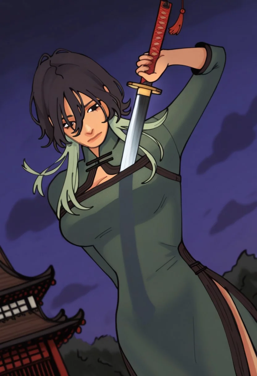 embedding:IllusP0s, (wwafr), night, outdoors, unsheathing, drawing sword, katana, 1girl, dynamic angle, black hair, dynamic pose, utsuro_gokurakugai, long wolf cut, short hair with long locks, two-tone hair, multicolored hair, layered hair, hair between eyes, gradient hair, black hair, green hair, cleavage cutout, chinese clothes,<lora:yanderechan_ill.safetensors:0.8:0.8> <lora:wwafr-10.safetensors:1:1>
