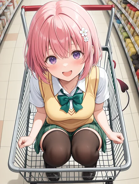 masterpiece,best quality,newest,
1girl,solo,
<lora:momo_ilxl_v1.8:1>,momo,pink hair,purple eyes,short hair,h_o,hair ornaments,m_clothes,short sleeve blouse,yellow vest,green bowtie,green plaid skirt,demon tail,black_thighhighs,loafers,
<lora:Fixhands_anime_bdsqlsz_V1:1>,<lora:shop_00_ilxl_v1.0:1>,shop_00,s_cart,shopping cart,from_side,looking_at_viewer,:d,blush,squatting,knees_together_feet_apart,from_above,looking_up,