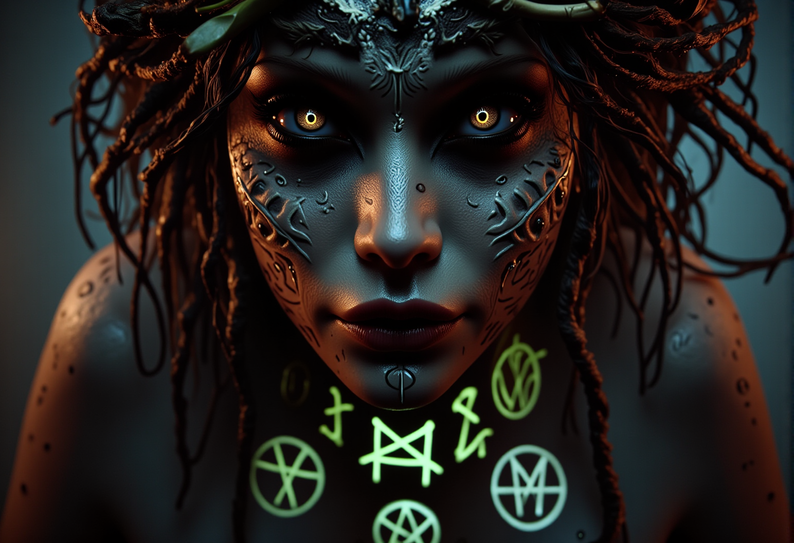 . A close-up shot of a vampiric sorceress, seen from above creating a mysterious and haunting look, her hair wild and tangled, with fragments of bone and dried leaves woven in, her skin showing scarred areas, some fresh and others old and healed over, adding to her grim appearance, lit by the glow of magical sigils beneath her, giving her an ethereal, otherworldly appearance, <lora:bv-demonic-skin-runes.safetensors:1.0:1.0>