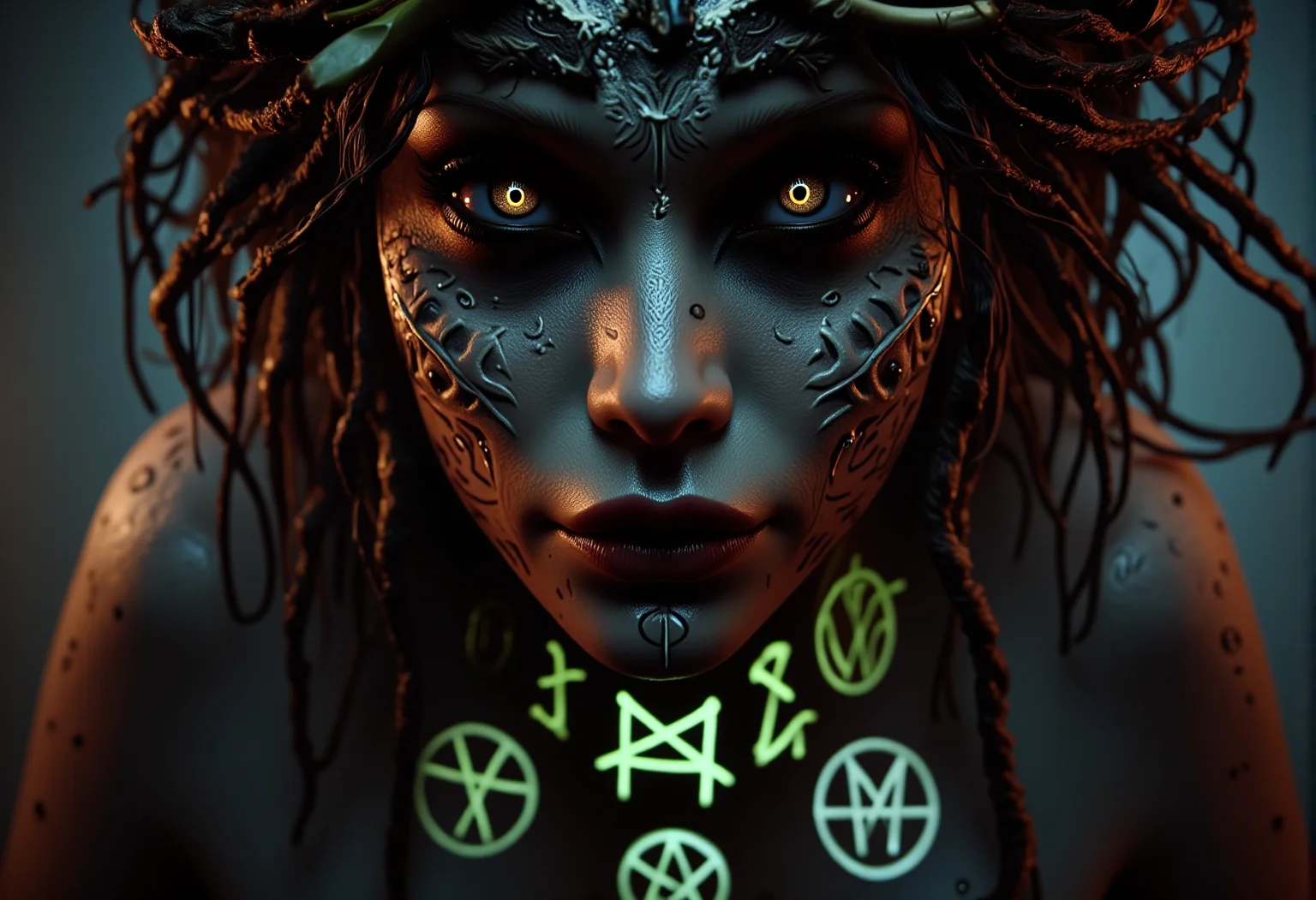 . A close-up shot of a vampiric sorceress, seen from above creating a mysterious and haunting look, her hair wild and tangled, with fragments of bone and dried leaves woven in, her skin showing scarred areas, some fresh and others old and healed over, adding to her grim appearance, lit by the glow of magical sigils beneath her, giving her an ethereal, otherworldly appearance, <lora:bv-demonic-skin-runes.safetensors:1.0:1.0>