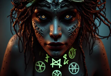 . A close-up shot of a vampiric sorceress, seen from above creating a mysterious and haunting look, her hair wild and tangled, with fragments of bone and dried leaves woven in, her skin showing scarred areas, some fresh and others old and healed over, adding to her grim appearance, lit by the glow of magical sigils beneath her, giving her an ethereal, otherworldly appearance, <lora:bv-demonic-skin-runes.safetensors:1.0:1.0>