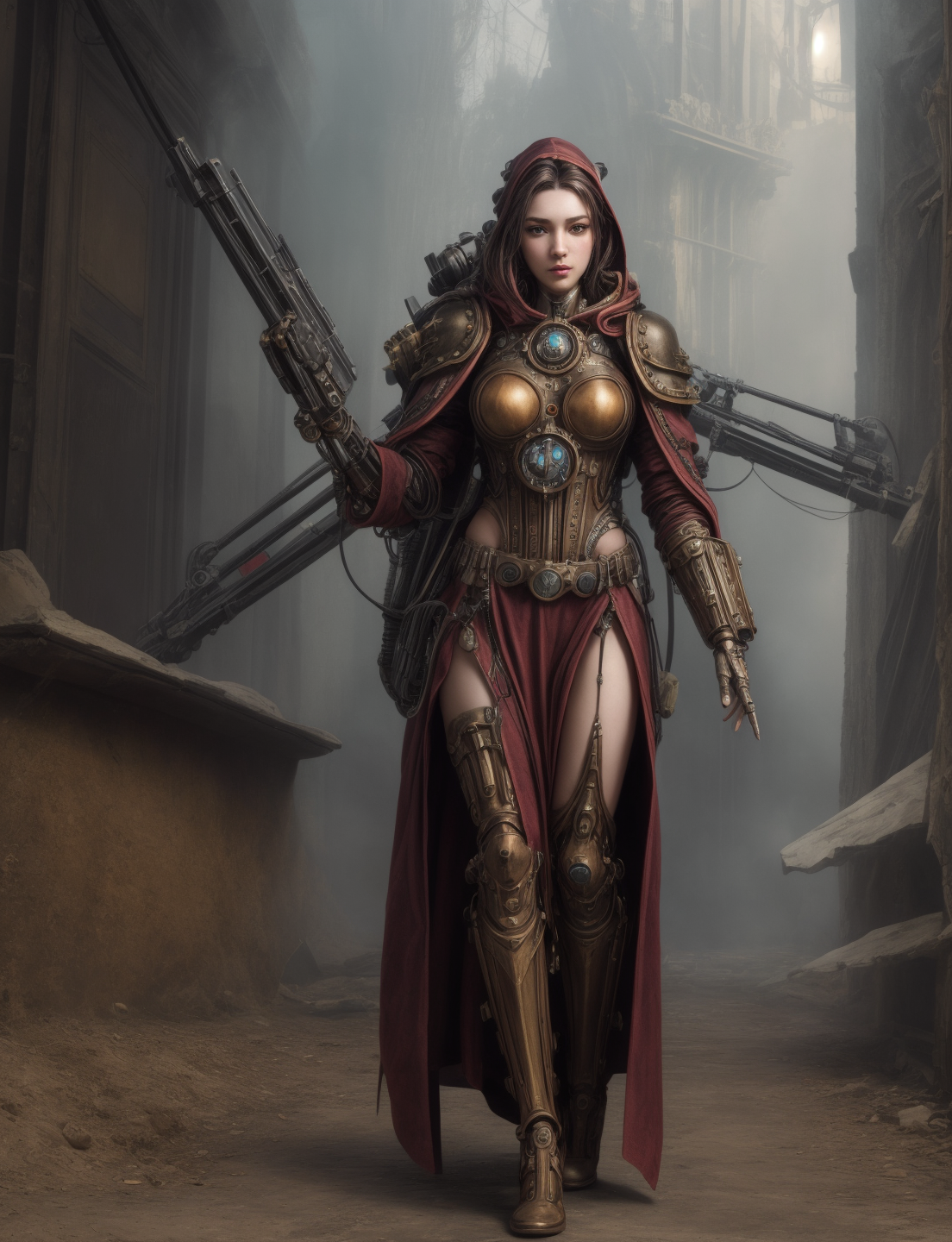 Ultra-realistic 8k CG, masterpiece, best quality, (very detailed face),masterpiece, best quality, 1girl, 20 years old, woman, colorful, (full body, wide shot),  <lora:more_details:0.8>  <lora:techpriest:0.8> mechanical arms, steampunk, hood, robe, techpriest, forgeworld, adeptus mechanicus,