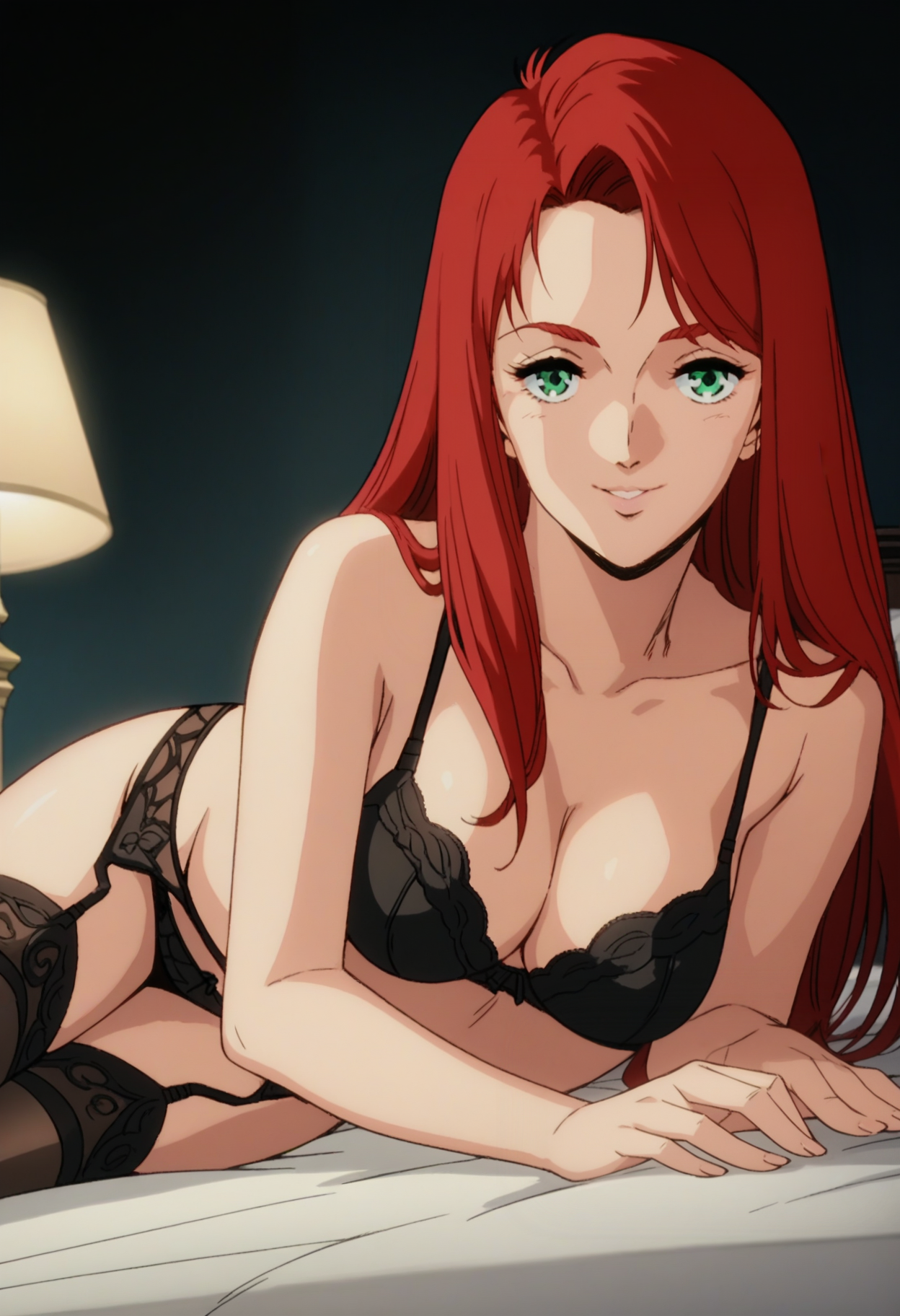 score_9, score_8_up, score_7_up, score_6_up, anime screencap, anime coloring, <lora:G0080CM_epoch_10:0.9>, G0080CM, red hair, green eyes, long hair, breasts, 
black lingerie, garter belt, black thighhighs, 
looking at viewer, seductive smile, lying, on side, lamp,
BREAK bed, indoors, dark background,