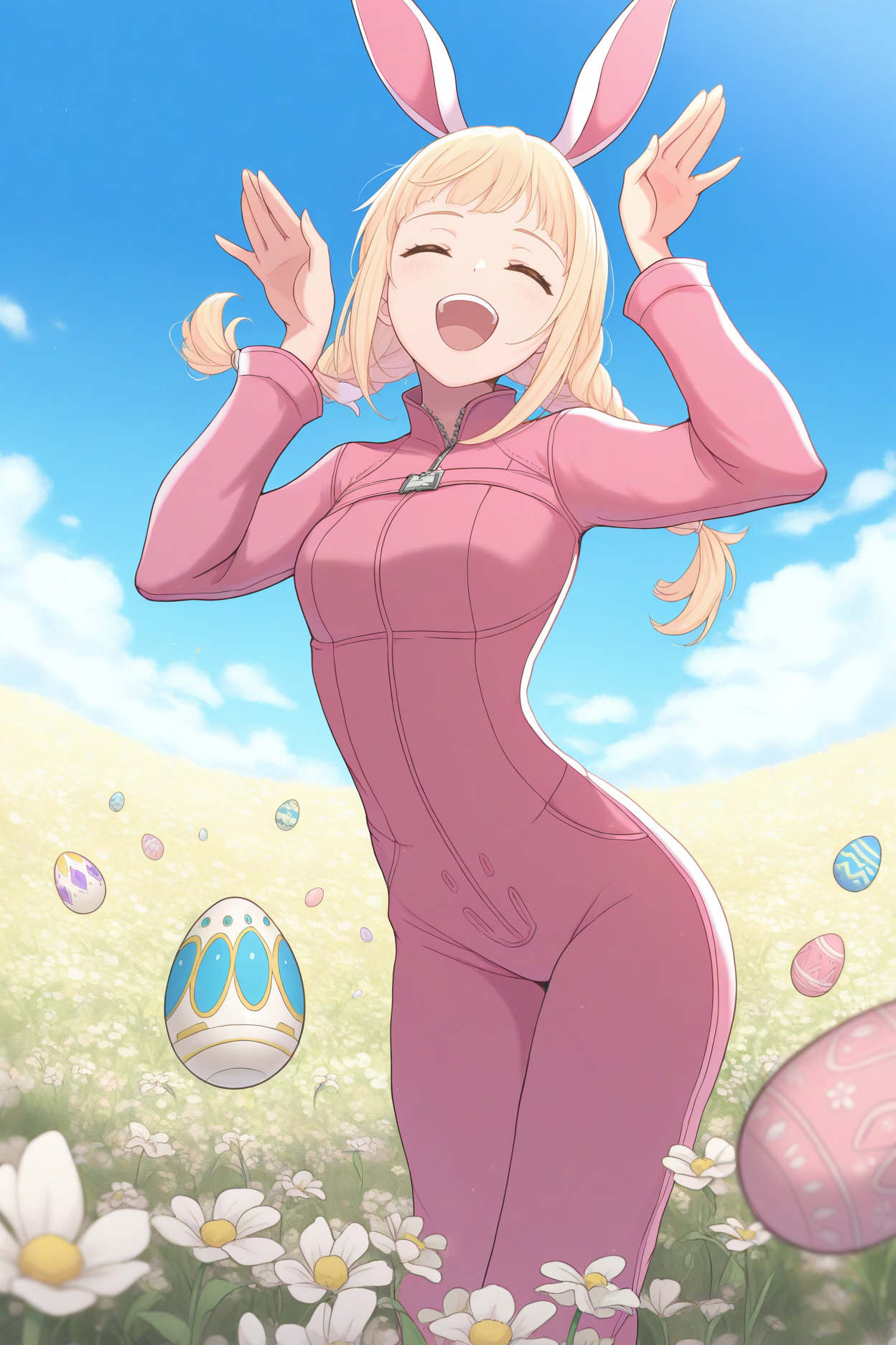 masterpiece, best quality, 1girl, solo, <lora:ffpenelo-illu-nvwls-v1-000006:1> 12pl, blonde hair, open mouth, short twintails, twin braids, fake rabbit ears, animal costume, pink jumpsuit, bunny pose, closed eyes, happy, flower field, blue sky, easter eggs