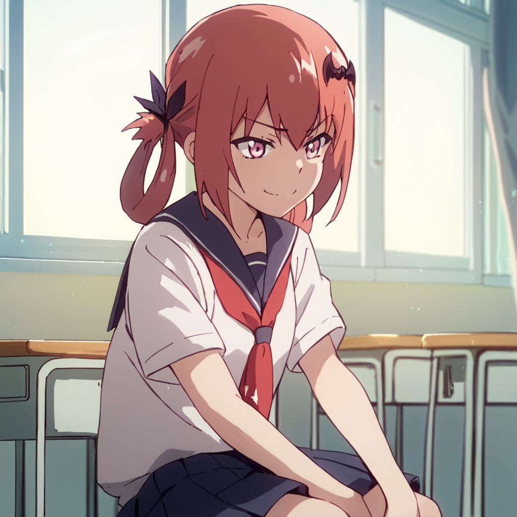 score_9, score_8_up, score_7_up, score_6_up, score_5_up, score_4_up, source_anime,  Satanichia_DO, school uniform, smirk, sitting, class room,  pink eyes