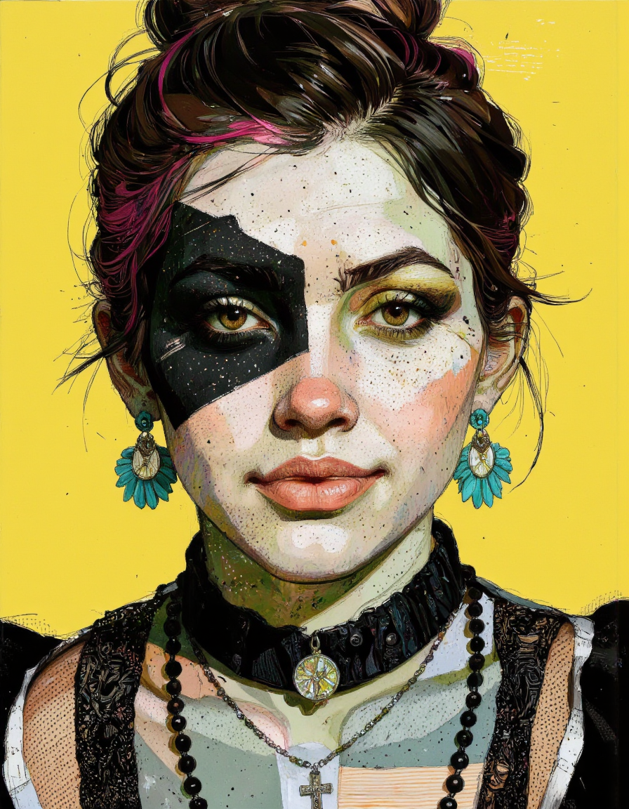 Close up portrait in Tony Rodriguez style. 
A digital illustration in a vibrant, gothic style, it features a close-up of a young woman's face, with striking, exaggerated features, her skin is a pale, almost translucent green, with patches of black and white, resembling a patchwork fabric, her eyes are large and vivid, with a striking, glowing yellow hue, and her lips are full and slightly parted, revealing a playful, mischievous smile, she has dark, straight hair with pink highlights, styled in a high ponytail with a few loose strands framing her face, her makeup is bold and dramatic, with thick, black eyeliner and mascara accentuating her large, expressive eyes, she wears large, turquoise earrings with a cross pendant, and a black, high-collared top with a mix of fur and lace textures, the background is a solid, bright yellow, which contrasts sharply with her vivid colors, making her stand out vividly, the overall composition is dynamic, with the woman's expression and makeup drawing the viewer's attention, high quality, ultra detailed, colorful, grainy, cyberpunk. <lora:Tony_Rodriguez:0.85>