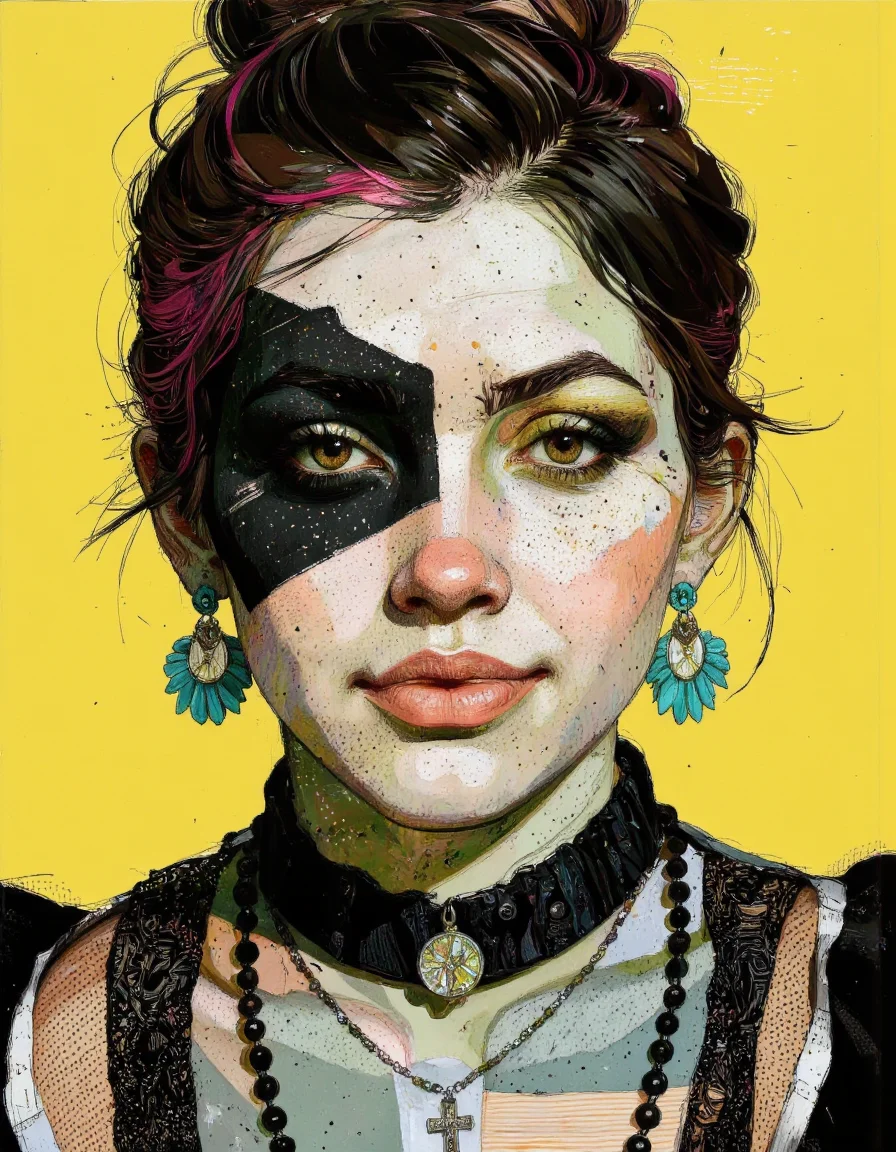 Close up portrait in Tony Rodriguez style.
A digital illustration in a vibrant, gothic style, it features a close-up of a young woman's face, with striking, exaggerated features, her skin is a pale, almost translucent green, with patches of black and white, resembling a patchwork fabric, her eyes are large and vivid, with a striking, glowing yellow hue, and her lips are full and slightly parted, revealing a playful, mischievous smile, she has dark, straight hair with pink highlights, styled in a high ponytail with a few loose strands framing her face, her makeup is bold and dramatic, with thick, black eyeliner and mascara accentuating her large, expressive eyes, she wears large, turquoise earrings with a cross pendant, and a black, high-collared top with a mix of fur and lace textures, the background is a solid, bright yellow, which contrasts sharply with her vivid colors, making her stand out vividly, the overall composition is dynamic, with the woman's expression and makeup drawing the viewer's attention, high quality, ultra detailed, colorful, grainy, cyberpunk. <lora:Tony_Rodriguez:0.85>