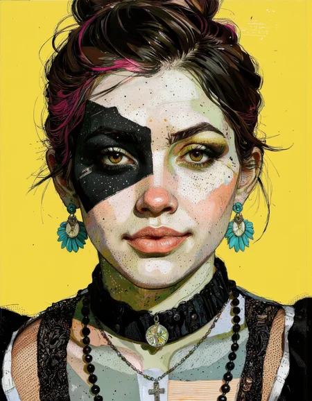 Close up portrait in Tony Rodriguez style. 
A digital illustration in a vibrant, gothic style, it features a close-up of a young woman's face, with striking, exaggerated features, her skin is a pale, almost translucent green, with patches of black and white, resembling a patchwork fabric, her eyes are large and vivid, with a striking, glowing yellow hue, and her lips are full and slightly parted, revealing a playful, mischievous smile, she has dark, straight hair with pink highlights, styled in a high ponytail with a few loose strands framing her face, her makeup is bold and dramatic, with thick, black eyeliner and mascara accentuating her large, expressive eyes, she wears large, turquoise earrings with a cross pendant, and a black, high-collared top with a mix of fur and lace textures, the background is a solid, bright yellow, which contrasts sharply with her vivid colors, making her stand out vividly, the overall composition is dynamic, with the woman's expression and makeup drawing the viewer's attention, high quality, ultra detailed, colorful, grainy, cyberpunk. <lora:Tony_Rodriguez:0.85>