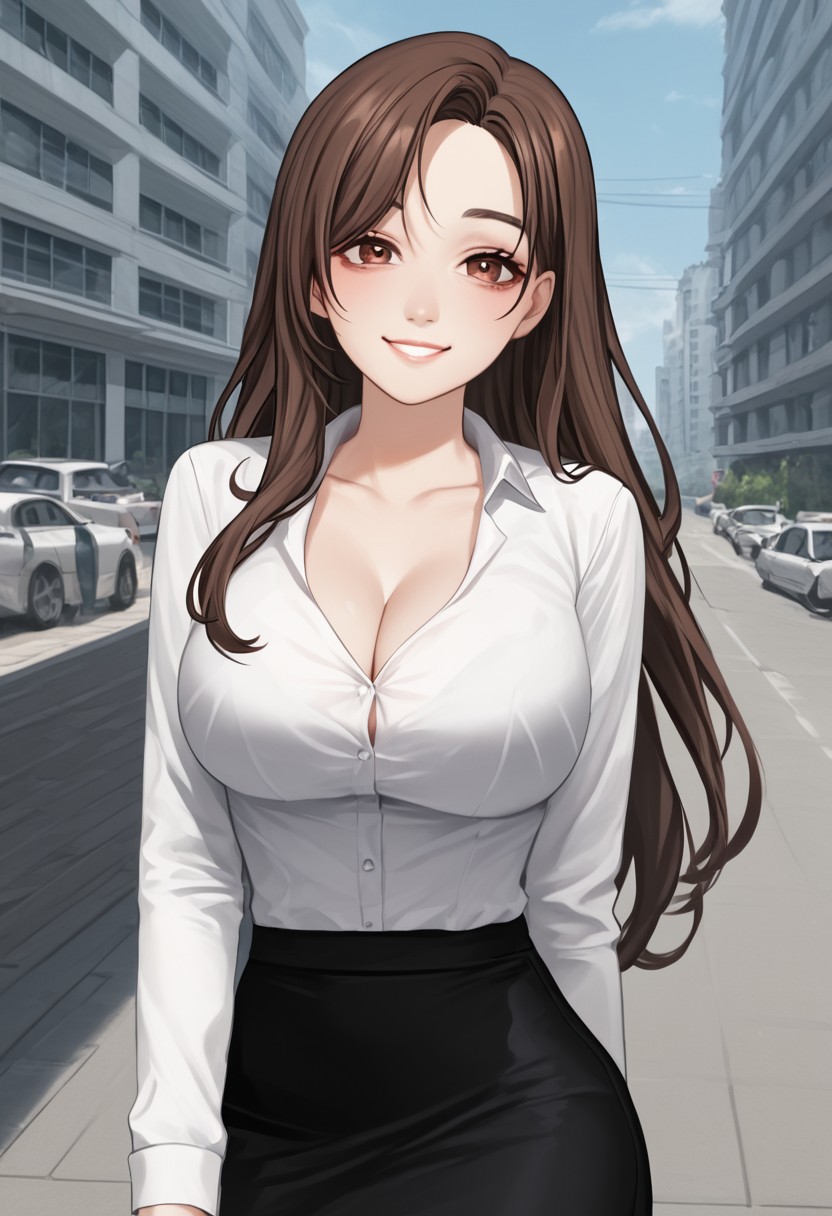 score_4,score_5,score_6,score_7_up,score_8_up,score_9
((masterpiece,best quality,ultra detailed,highres,HD,4k:1.2)),
(large breast,:1.2),1 cute woman,solo,Adult woman,
Brown hair, medium long hair, reddish brown eyes, droopy eyes, lipstick,
Office clothes, white shirt, long sleeves, cleavage, skirt,
smile, light smile,