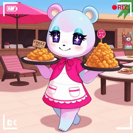 best quality, masterpiece, Full Body, Romantic, Small, Body, Furry, judyac, animal crossing, 1girl, solo, furry, bear, two-tone fur, light pink fur, light blue fur, white muzzle, purple eyes, star pupil, blush, blue eyeshadow, pink dress, beach, restaurants, serving food, carry tray, walking, outside lobby, board walk, beach chair, beach table, umbrella, recording, sign of buzz, sign said buzz sign writing say buzz, smile, holding a sign, sign said " free_buzz_food", writing buzz
