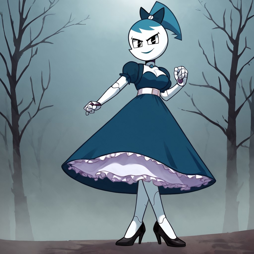 (Masterpiece, best quality:1.2), score_9, score_8_up, flat color, flat shading, soft shading, lighting, Jenny Wakeman as an adult, (((in a 1950's full length formal dark blue dress, a white belt, a fluffy frilly ruffled full white petticoat, and black high heels))), dress, layered petticoat, frilly petticoat, fluffy petticoat, full petticoat, detailed petticoat, wide skirt, detailed outfit, flowing skirt, (((long skirt))), (((solid dark blue colored dress, black high heels))), blue hair, series accurate, cute, best high quality, high res, robot, humanoid robot, (((giant breasts, cleavage))), whole body shot, 1girl, (((solo, outside, in a dark creepy forest, at night, heavy fog surrounding her, fog, heavy fog, looking at you, low angle))), (((evil, evil smile, determined evil eyes, posing gracefully and evilly))), low angle shot, cartoon, cartoon style, vector, solo, circle dress, 1950s, dance dress jenny, jenny wakeman, 1girl, solo, robot joints, black eyes, white skin, ponytail, hair bow, blue rose chest corsage, poofy dress, blue hair, flat lighting,