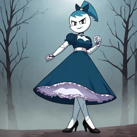 (Masterpiece, best quality:1.2), score_9, score_8_up, flat color, flat shading, soft shading, lighting, Jenny Wakeman as an adult, (((in a 1950's full length formal dark blue dress, a white belt, a fluffy frilly ruffled full white petticoat, and black high heels))), dress, layered petticoat, frilly petticoat, fluffy petticoat, full petticoat, detailed petticoat, wide skirt, detailed outfit, flowing skirt, (((long skirt))), (((solid dark blue colored dress, black high heels))), blue hair, series accurate, cute, best high quality, high res, robot, humanoid robot, (((giant breasts, cleavage))), whole body shot, 1girl, (((solo, outside, in a dark creepy forest, at night, heavy fog surrounding her, fog, heavy fog, looking at you, low angle))), (((evil, evil smile, determined evil eyes, posing gracefully and evilly))), low angle shot, cartoon, cartoon style, vector, solo, circle dress, 1950s, dance dress jenny, jenny wakeman, 1girl, solo, robot joints, black eyes, white skin, ponytail, hair bow, blue rose chest corsage, poofy dress, blue hair, flat lighting,