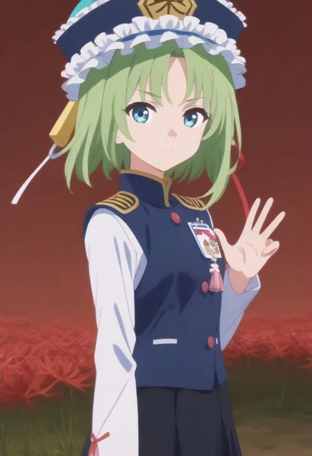 1girl, solo, solo focus, highres, absurdres, shikieiki, green hair, frilled hat, blue eyes, blue headwear, short hair,
long sleeves, black skirt, white shirt, blue vest, red ribbon, epaulettes, small breasts, arm ribbon, buttons, 
looking at viewer, head tilt, from side, bare hands, hand up,
red spider lily, flower field, night sky, red sky, dark, red theme,