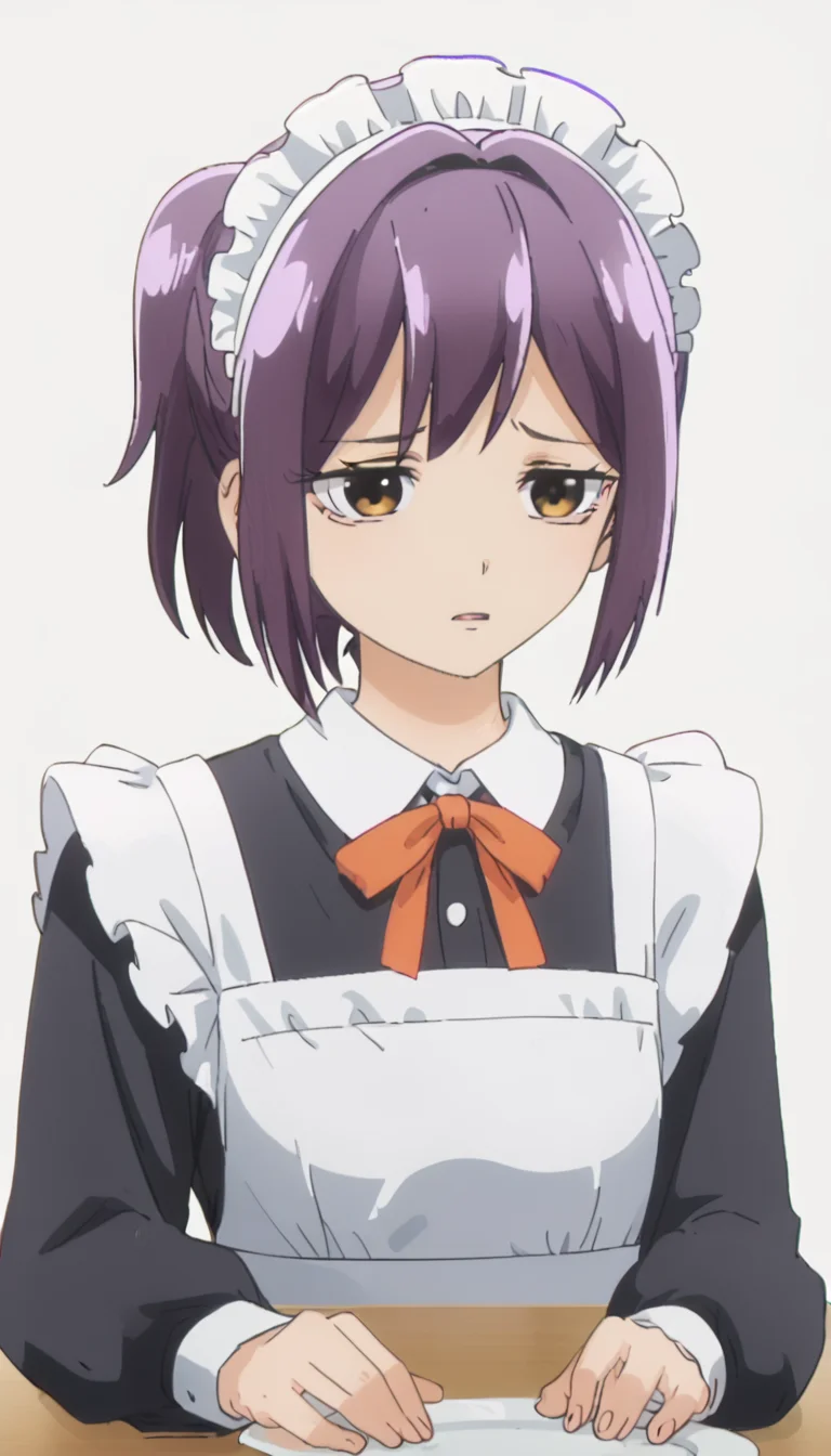 1girl,purple hair,brown eyes,ponytail,<lora:Utenas_Mother-000006>,maid headdress,, anime screencap,score_9,simple background,