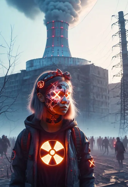 4D render, Chernobyl disaster, nuclear , Apocalypse,girl, detailed face, portrait, glowing x, minimalist outfit, anti social , ,cyberpunkartstyle,ruined ancient city,Professional styling, intricate details,8k post production, faithful, Religious denomination,