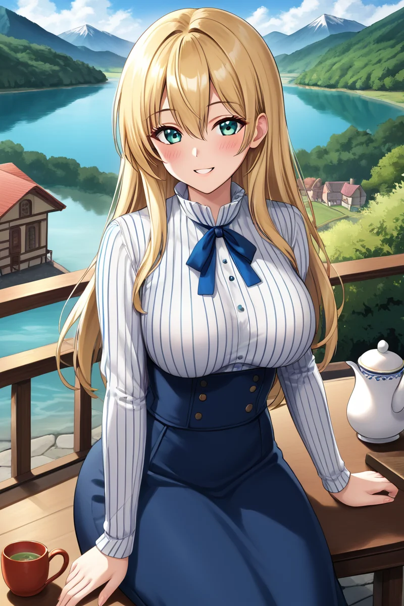 1girl, long hair, large breasts, looking at viewer, blush, smile, bangs, skirt, blonde hair, shirt, long sleeves, ribbon, hair between eyes, green eyes, white shirt, pinstripe shirt, solo focus, aqua eyes, (blue skirt), blue ribbon, (long skirt), house, outdoor, mountain, lake, cowboy shot, high-waist skirt, sitting on the chair, table, tea pot, tea set,
