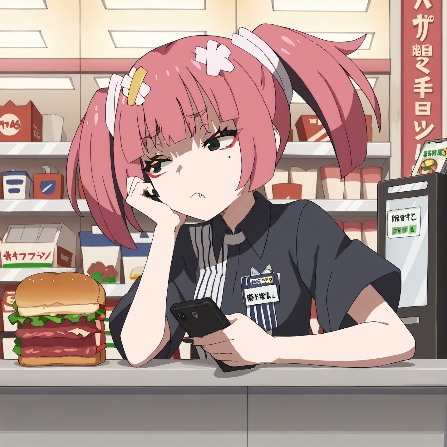 score_9, score_8_up, score_7_up, score_6_up, source_anime, source_hentai, 2d, BREAK
<lora:lawson.outfit.pony:1>, lawson,
convenience_store, cashier, cash_register, (sandwich:1.4),
<lora:sango.pony:1>, solo, 1girl, sango, leaning on counter, bored, elbow_rest, (looking_at_phone:1.2), holding_phone,