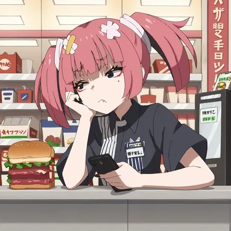 score_9, score_8_up, score_7_up, score_6_up, source_anime, source_hentai, 2d, BREAK
<lora:lawson.outfit.pony:1>, lawson,
convenience_store, cashier, cash_register, (sandwich:1.4),
<lora:sango.pony:1>, solo, 1girl, sango, leaning on counter, bored, elbow_rest, (looking_at_phone:1.2), holding_phone,