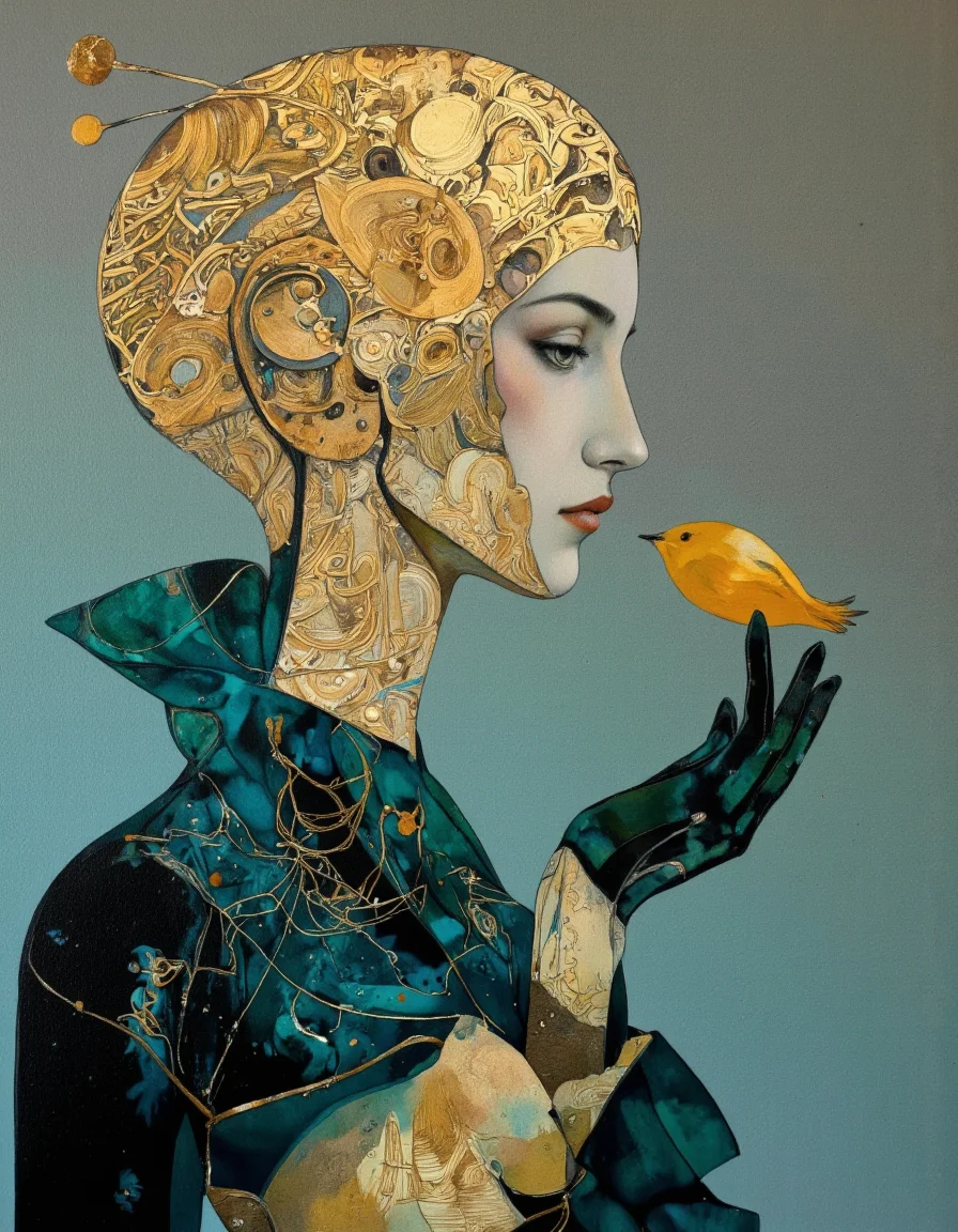 A modern painting abstract style by Victor Tkachenko. A painting featuring a surreal, abstract portrait of an ethereal minimalist Alien race cybergoth fashion photography painting, in the style of teal and gold, use of palette knives, waist-high portrait, intricate, sharp focus, concept art, background zentangle fog,