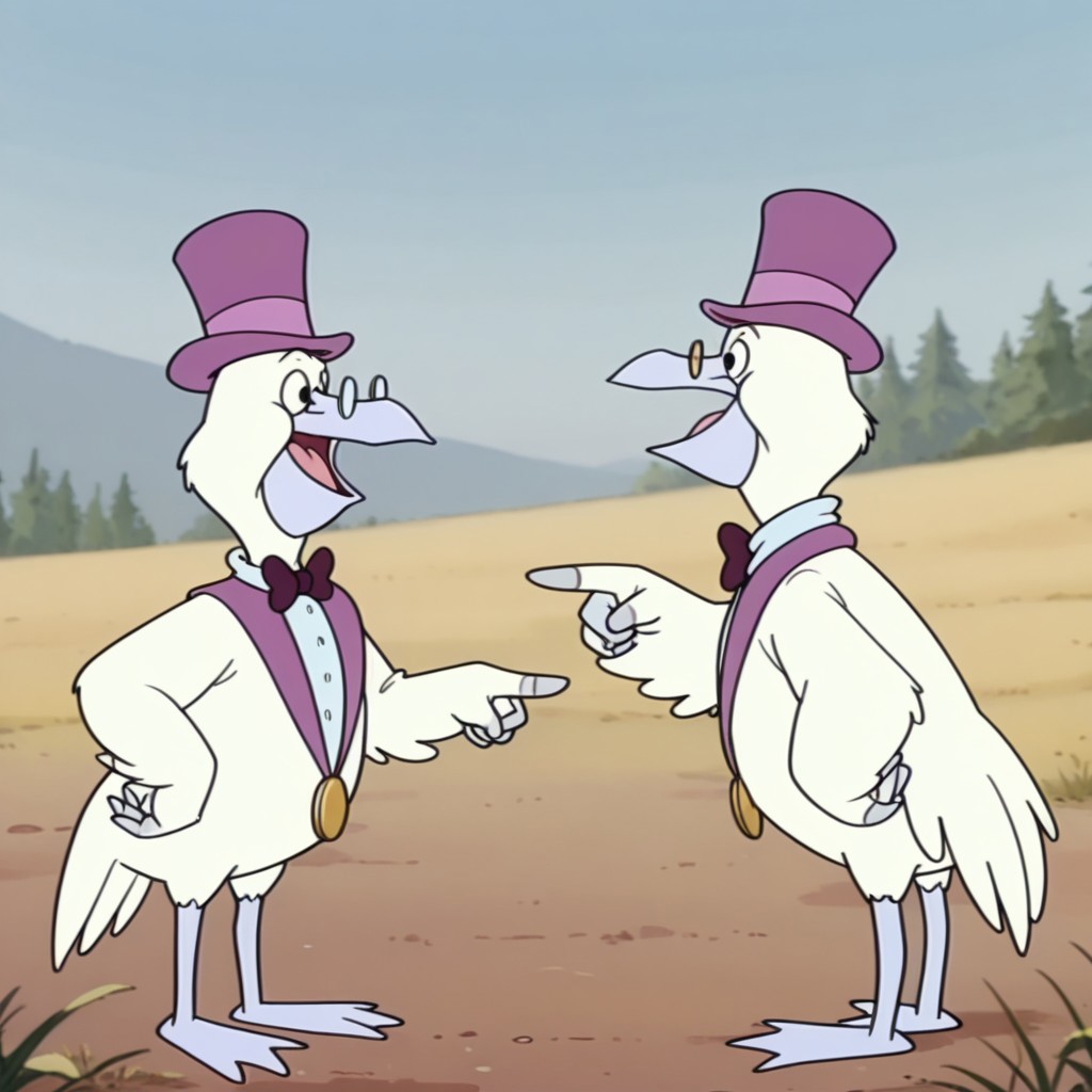 masterpiece, best quality, amazing quality, MayorPelicanbbil, semi-anthro, male, Pelican, bird, white feathers, black eyes, winged arms, purple top hat, gold medal, white dickie, purple bow tie, round glasses, standing, outside,  open mouth, 2boys pointing at each other