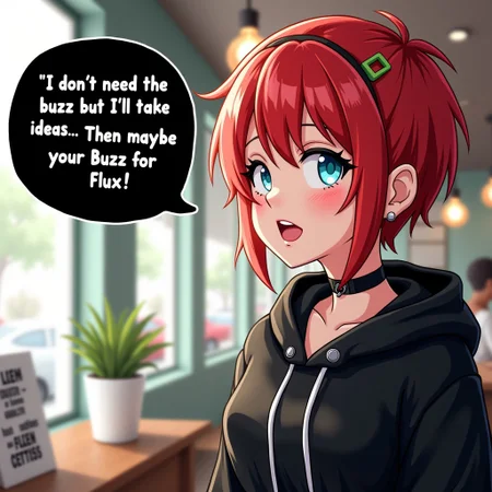 the words in a black word bubble with white text saying. I dont need the buzz but I'll take some ideas... Then maybe your Buzz for Flux.
female with blue eyes red hair undercut hairstyle wearing a spike collar black hoodie. She is looking out a window in a coffee shop.