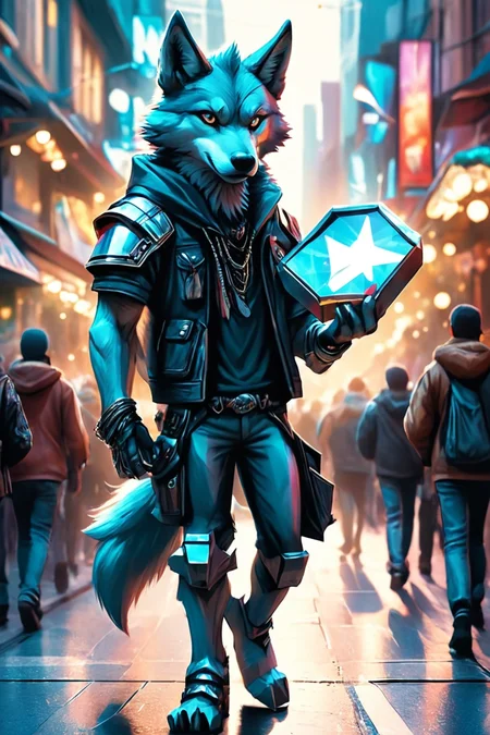 Detailed digital illustration of an anthro Wolf (Holding a prop confidently) at a Holographic news feeds in crowded streets, <lora:xl_more_art-full_v1:0.5>,  <lora:anthro_muscular:0.7>,  <lora:MJ52:0.6>, <lora:madpunk:0.4> madpunk