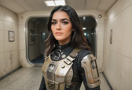 score_9, score_8_up, score_7_up,1girl, looking at viewer, Gabb13, black hair, armoredbod, flirty look, background scifi elevator