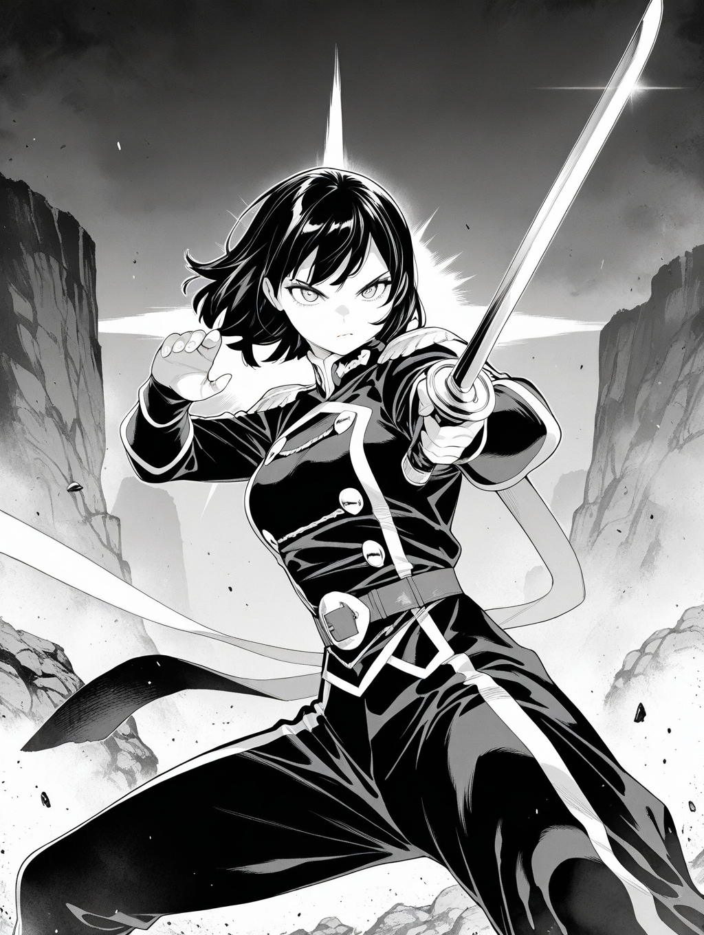 <lora:modu-000055:1>,greyscale,1girl,fighting stance,weapon,holding weapon,, masterpiece,best quality,amazing quality,