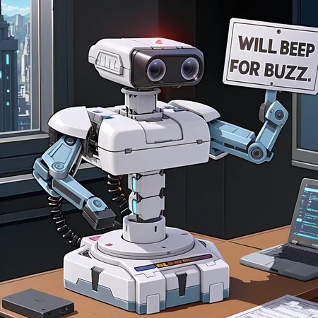 robot holding sign "Will Beep FOR Buzz" ,  <lora:texta:0.9>, <lora:ROBXL:0.65> grey robxl on desk, solo, (anime, masterpiece, intricate:1.3), (best quality, hires textures, high detail:1.2), (4k),(incredibly detailed:1.4),UHD, 8K, ultra detailed