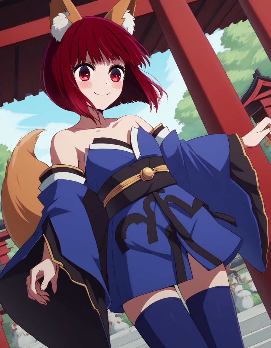 score_9, score_8_up, score_7_up, source_anime, kanaarima, <lora:kana-arima-s1-ponyxl-lora-nochekaiser:1>, kana arima, short hair, bangs, red eyes, red hair, bob cut,, <lora:tamamo-no-mae-cosplay-ponyxl-lora-nochekaiser:1>, tamamonomaecosplay, tamamo no mae \(cosplay\), animal ears, bare shoulders, blue kimono, blue thighhighs, detached sleeves, fox ears, fox tail, japanese clothes, kimono, obi, sash, collarbone, thighhighs, wide sleeves,, shrine, smile, blush,, cowboy shot, dutch angle, solo,