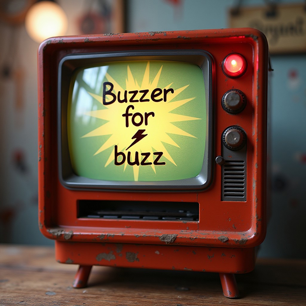 a TV game buzzer, with a lightning bolt drawn on it and the text ‘Buzzer for buzz’.