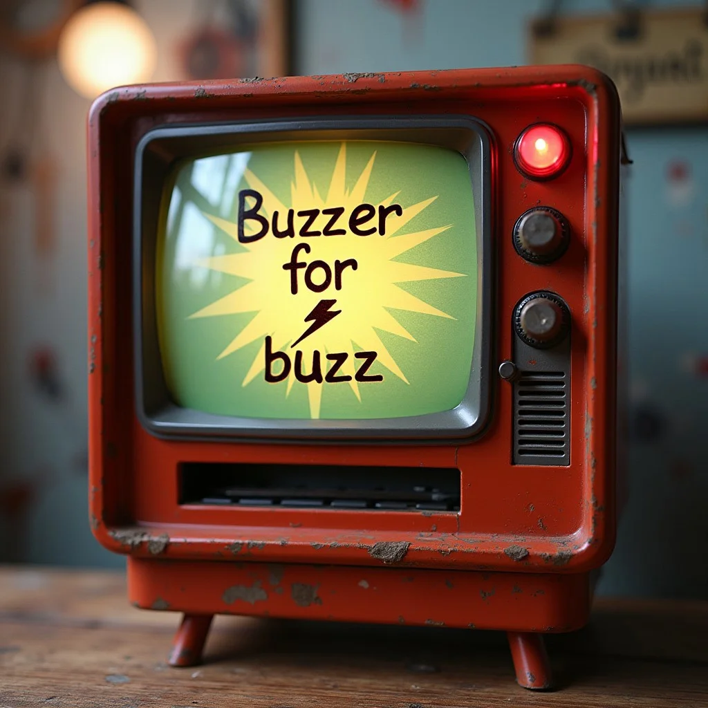 a TV game buzzer, with a lightning bolt drawn on it and the text ‘Buzzer for buzz’.