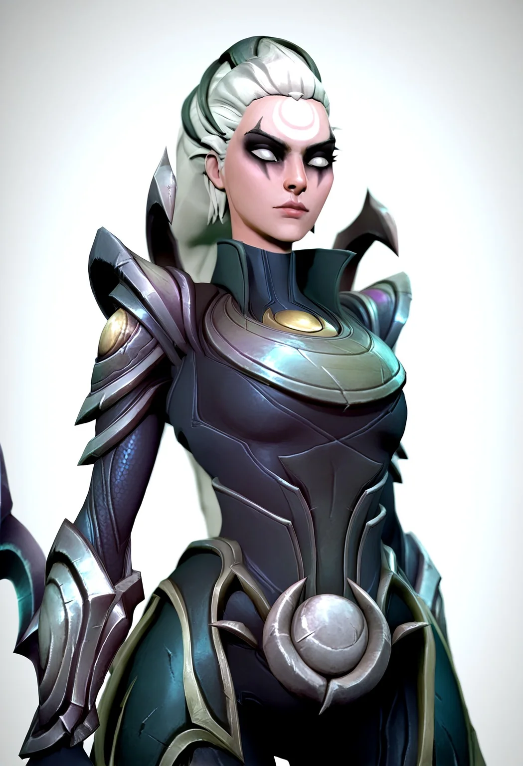 masterpiece, 3d, 1girl, diana \(league of legends\), league of legends, solo, crescent facial mark,forehead mark, nose, facial mark,white eyes,long hair, white hair, lips, bodysuit, armor, spikes, sythe, diana's sytche, cowboy shot,
