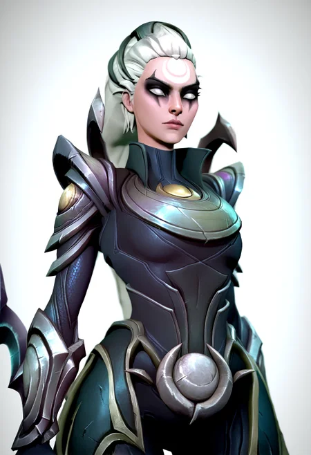 masterpiece,  3d, 1girl, diana \(league of legends\), league of legends, solo, crescent facial mark,forehead mark, nose, facial mark,white eyes,long hair, white hair, lips, bodysuit, armor, spikes, sythe, diana's sytche, cowboy shot,