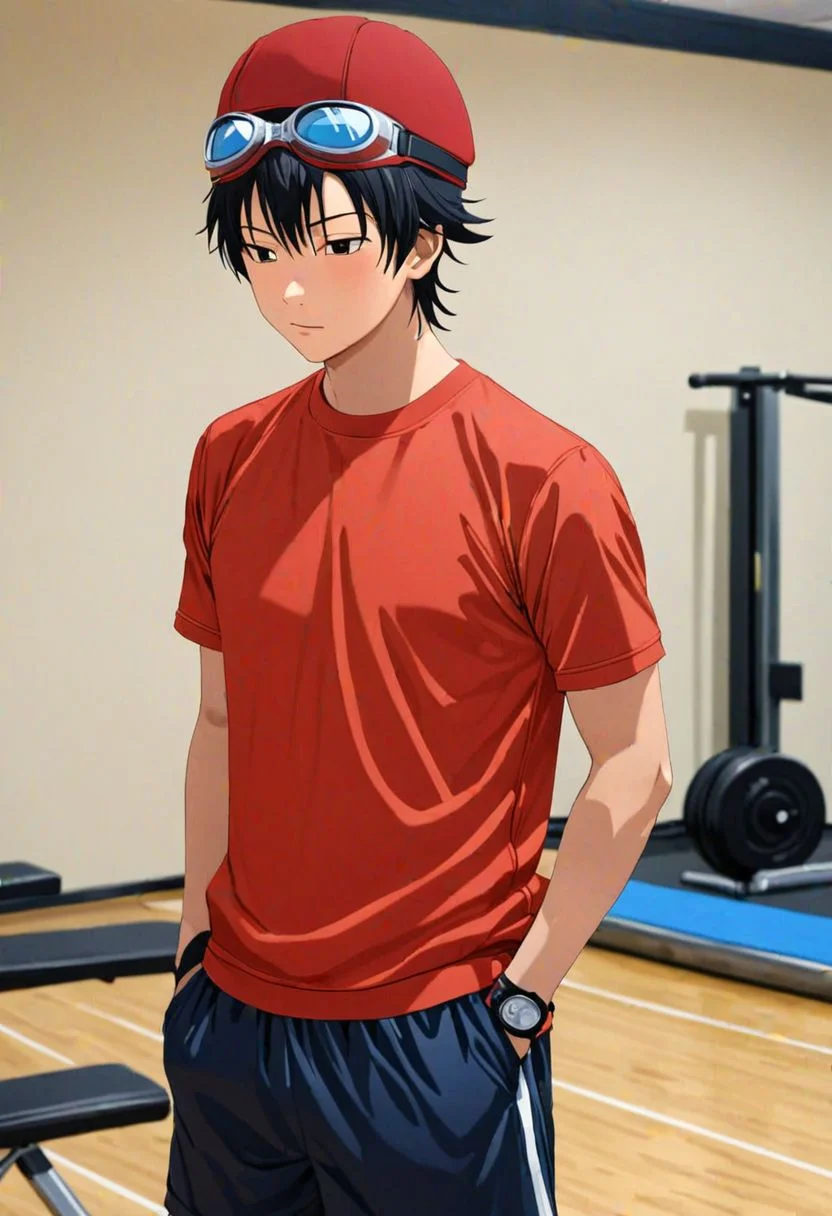 Yuusuke Fujisaki, Red Hat, Goggles, masterpiece, Candid Photo, best quality, 1boy, solo, male focus, High definition, Black hair, 4K, gym boy