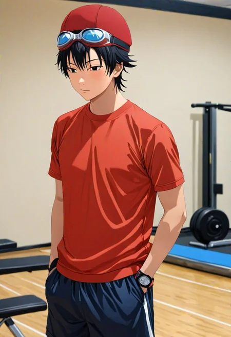Yuusuke Fujisaki, Red Hat, Goggles, masterpiece, Candid Photo, best quality, 1boy, solo, male focus, High definition, Black hair, 4K, gym boy