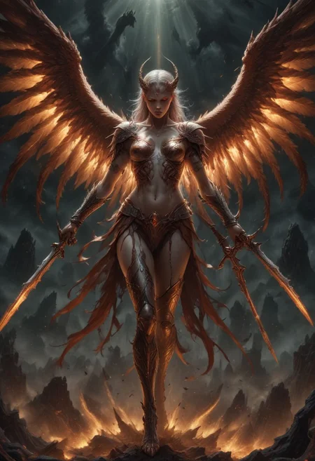 score_9, score_8_up, score_7_up, rating_explicit, intricate detail, chromatic aberration, realistic, detailed face, detailed legs, correct anatomy score_9,score_8_up,score_7_up,score_6_up,ciprealism, (masterpiece:1.2, best quality, ridiculous resolution, ultra detailed ),realistic ,picture,female angel (wings), (sword in hand), ((fighting demon)), extremely delicate and beautiful face, detailed face, realistic skin, (pale skin), 1 demon ((huge) ), ((looks like an eerie spawn of hell)) (size difference: 1.4), divine bright night: 1.2), battle between good and evil, ((apocalyptic picture)), perspective, far, near, side, top, bottom