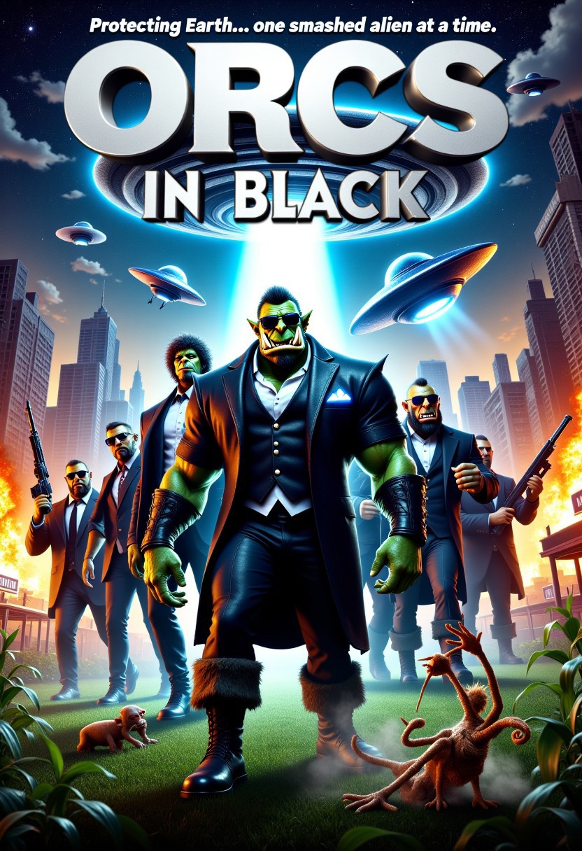 A parody movie poster for "Orcs in Black" styled after the iconic Men in Black title and font. The title "ORCS IN BLACK" is bold, sleek, and metallic, with the same futuristic, sci-fi vibe as the original, but the letters are slightly jagged and rough around the edges to match the orcs' aesthetic.
The poster features a group of muscular orcs in sleek, black suits and sunglasses, standing in a dramatic lineup. The lead orc, front and center, is holding a futuristic-looking blaster in one hand and a glowing alien artifact in the other. His sharp tusks peek out from under his sunglasses, and his expression is a mix of seriousness and unintentional hilarity.
Behind the orcs, a UFO hovers in the night sky, its bright beam of light illuminating the scene. The background is a mix of urban cityscape and alien chaos, with explosions, flying saucers, and a giant alien squid attacking a hot dog stand. The tagline at the top reads: "Protecting Earth... one smashed alien at a time."
At the bottom of the poster, smaller orcs in suits are chasing a tiny, terrified alien through a cornfield, adding a touch of comedic chaos. The overall design mimics the original Men in Black poster, but with a hilarious orc twist.