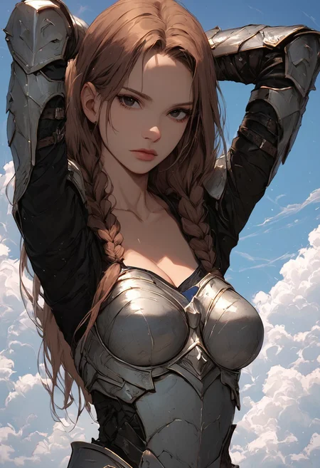 score_9, score_8, score_7_up, high detailed, high quality, masterpiece, no text, quality highlights, detailed background, ultra-detailed,
...
1woman, expressiveh, (solo), (long hair), (brown hair), (black eyes), (braids), (perfect body), (medium breasts), collarbone, sexy body, (bare neck), closed mouth,
...
(plate armor), standing, front view, (looking at viewer), (upper body), (hands behind head),
...
day, sky, blue sky, clouds, sunllight,