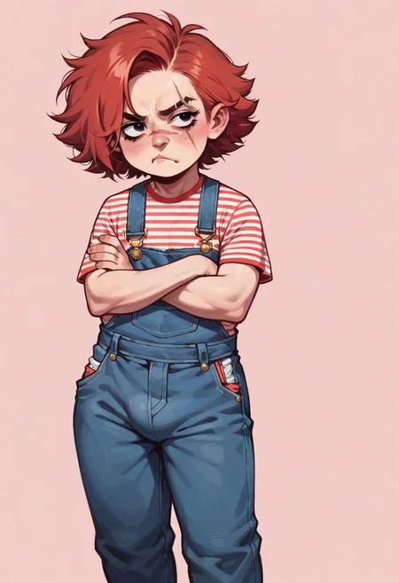 score_9, score_8_up, score_8, source_anime, 1boy, femboy, Chucky, red hair, overalls, striped top, sulking, pout, pouty, pouting, scar, arms crossed, norman rockwell style,
simple background, pink background, (solo), shortstack,